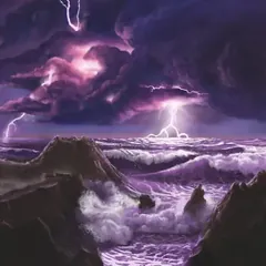 Panoramic oil painting of a stormy sea and mountains