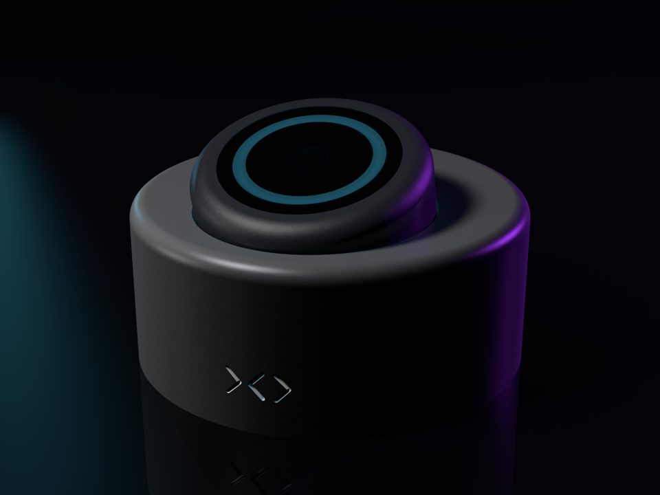 Render of the aluminum core seated in the machined desk shell, cyan LED ring lit