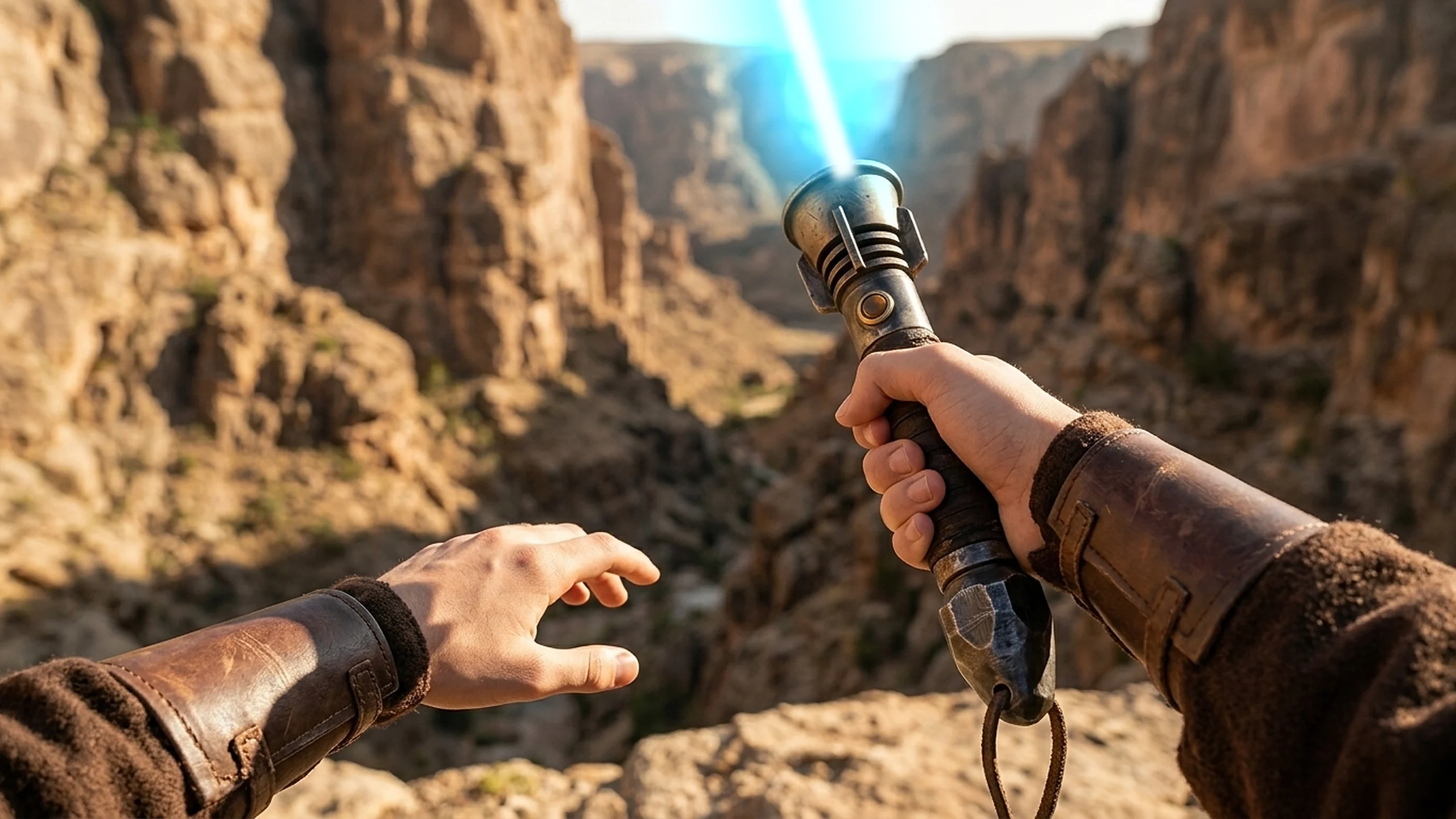 Game key art, first-person view: gloved hands over a sunlit canyon, one gripping a hilt with a glowing cyan energy blade