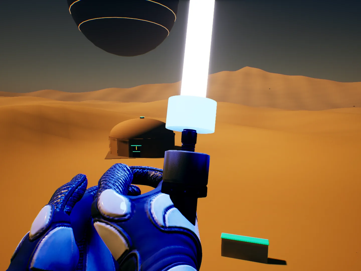 First-person view: a gloved hand holding a glowing energy sword over desert dunes, with an orbital moon in the sky