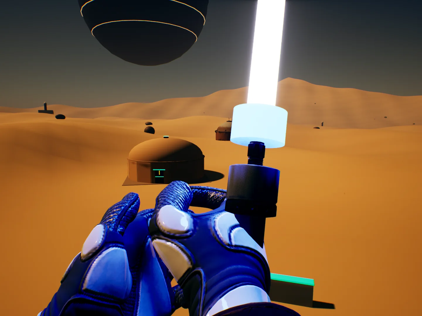 Wide first-person view of the desert outpost with an orbital moon overhead